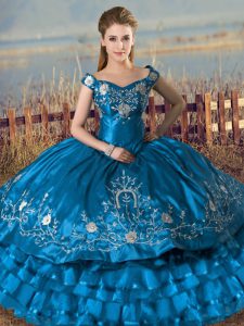 Vintage Teal Ball Gowns Embroidery and Ruffles Vestidos de Quinceanera Lace Up Satin and Organza Sleeveless Floor Length