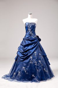 Floor Length Blue Quinceanera Gowns Sleeveless Embroidery and Hand Made Flower