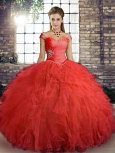 Orange Red Ball Gowns Tulle Off The Shoulder Sleeveless Beading and Ruffles Floor Length Lace Up Quince Ball Gowns