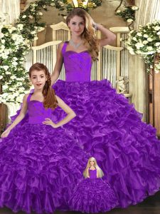 Purple Halter Top Lace Up Ruffles Quinceanera Gown Sleeveless