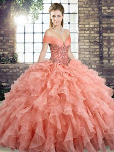 Lace Up Vestidos de Quinceanera Peach for Military Ball and Sweet 16 and Quinceanera with Beading and Ruffles Brush Train