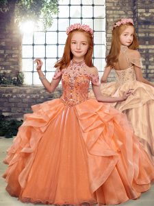 Eye-catching Sleeveless Organza Floor Length Lace Up Little Girl Pageant Gowns in Orange with Beading and Ruffles