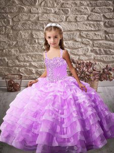 Inexpensive Lavender Ball Gowns Straps Sleeveless Organza Brush Train Lace Up Beading and Ruffled Layers Kids Pageant Dress