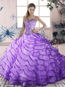 Lovely Lavender Sleeveless Beading and Ruffled Layers Floor Length Quinceanera Gown