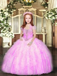 Lilac Lace Up Straps Beading and Ruffles Kids Pageant Dress Tulle Sleeveless