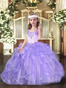 Lavender Ball Gowns Straps Sleeveless Organza Floor Length Lace Up Beading and Ruffles Pageant Gowns For Girls