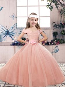 Sleeveless Tulle Floor Length Lace Up Little Girls Pageant Dress in Peach with Lace and Belt