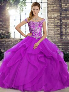 Purple Quince Ball Gowns Tulle Brush Train Sleeveless Beading and Ruffles