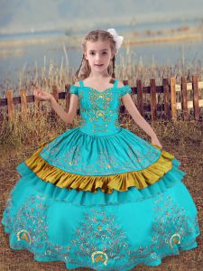 Floor Length Aqua Blue Pageant Gowns For Girls Satin Sleeveless Beading and Embroidery