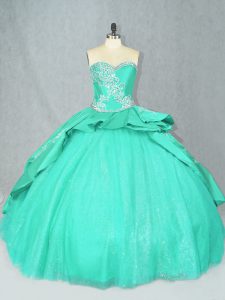 Turquoise Ball Gowns Satin Sweetheart Sleeveless Embroidery Lace Up 15th Birthday Dress Court Train