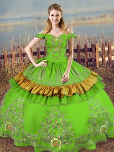Green Lace Up Off The Shoulder Embroidery 15 Quinceanera Dress Satin Sleeveless
