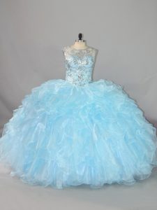 Superior Ball Gowns Quinceanera Gown Blue Scalloped Organza Sleeveless Floor Length Lace Up