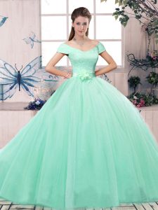 Eye-catching Apple Green 15th Birthday Dress Military Ball and Sweet 16 and Quinceanera with Lace and Hand Made Flower Off The Shoulder Short Sleeves Lace Up