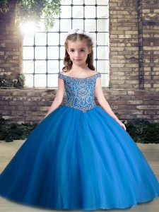 Sleeveless Tulle Floor Length Lace Up Pageant Dresses in Blue with Beading
