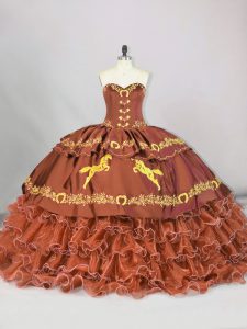Pretty Sleeveless Embroidery and Ruffled Layers Lace Up Quinceanera Gowns with Brown Brush Train