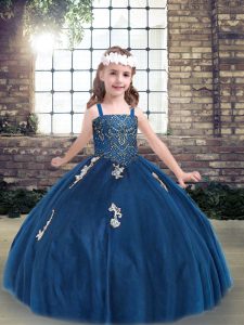 Beauteous Floor Length Blue Little Girls Pageant Dress Wholesale Tulle Sleeveless Appliques