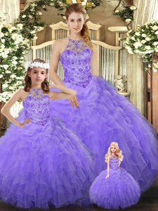 Great Lavender Lace Up Quinceanera Dresses Beading and Ruffles Sleeveless Floor Length