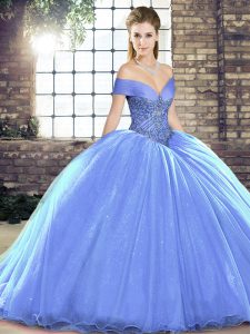Fabulous Lavender Sweet 16 Dress Military Ball and Sweet 16 and Quinceanera with Beading Off The Shoulder Sleeveless Brush Train Lace Up