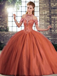 Wonderful Rust Red Quince Ball Gowns Military Ball and Sweet 16 and Quinceanera with Beading Halter Top Sleeveless Brush Train Lace Up