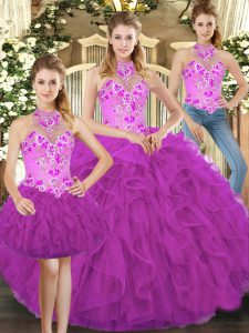 Fuchsia Quinceanera Gowns Military Ball and Sweet 16 and Quinceanera with Embroidery and Ruffles Halter Top Sleeveless Lace Up
