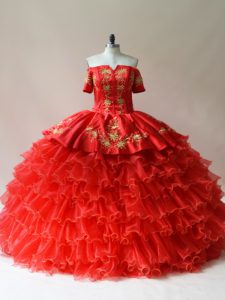 Floor Length Red 15 Quinceanera Dress Organza Sleeveless Embroidery and Ruffled Layers