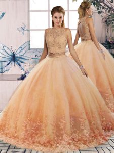 Pretty Peach Two Pieces Scalloped Sleeveless Tulle Sweep Train Backless Lace Ball Gown Prom Dress