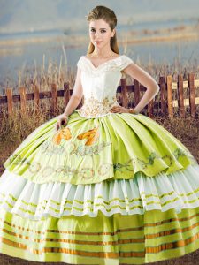 Satin V-neck Sleeveless Lace Up Embroidery and Ruffled Layers Sweet 16 Quinceanera Dress in Yellow Green