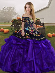 Discount Black And Purple Sleeveless Floor Length Embroidery and Ruffles Lace Up Quince Ball Gowns