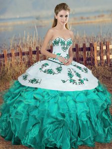 Edgy Turquoise Sweetheart Neckline Embroidery and Ruffles and Bowknot 15th Birthday Dress Sleeveless Lace Up
