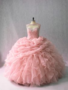 Unique Pink Lace Up Scoop Beading and Ruffles and Pick Ups 15th Birthday Dress Organza Sleeveless Brush Train
