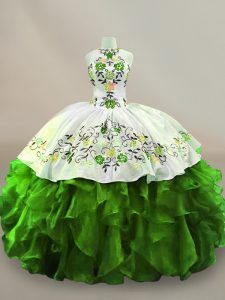 Halter Top Sleeveless Quinceanera Dress Floor Length Embroidery Green Organza
