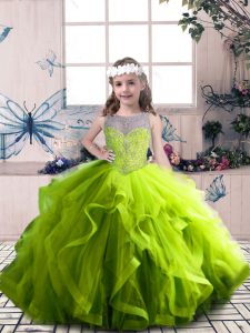 Scoop Sleeveless Kids Pageant Dress Floor Length Beading and Ruffles Olive Green Tulle