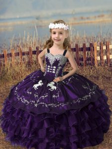 Popular Floor Length Purple Child Pageant Dress Straps Sleeveless Lace Up