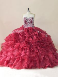 Top Selling Beading and Appliques and Ruffles Quinceanera Dresses Wine Red Lace Up Sleeveless Brush Train