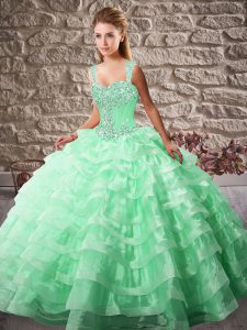 Lace Up Quinceanera Dresses Apple Green for Sweet 16 and Quinceanera with Beading and Ruffled Layers Court Train
