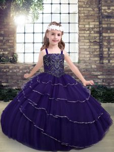 Floor Length Ball Gowns Sleeveless Purple Little Girl Pageant Dress Lace Up