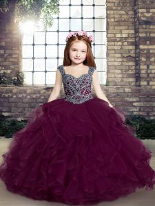 Beauteous Purple Ball Gowns Tulle Straps Sleeveless Beading and Ruffles Floor Length Lace Up Little Girls Pageant Dress