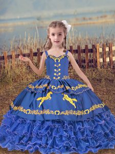 Blue Sleeveless Floor Length Beading and Embroidery and Ruffled Layers Lace Up Kids Formal Wear