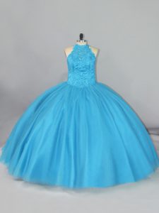 Deluxe Tulle Sleeveless 15 Quinceanera Dress Brush Train and Beading and Lace