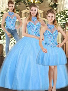 Embroidery Quinceanera Gown Baby Blue Lace Up Sleeveless Floor Length