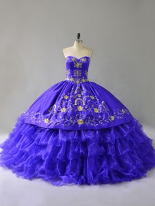 High Quality Organza Sweetheart Sleeveless Lace Up Embroidery and Ruffled Layers Quince Ball Gowns in Blue