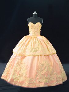 Sumptuous Sleeveless Satin Floor Length Lace Up Quinceanera Gown in Peach with Appliques