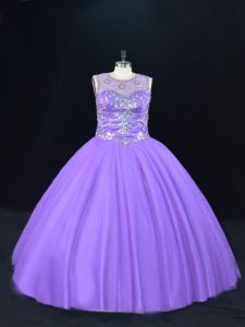 Floor Length Lavender Quinceanera Gowns Tulle Sleeveless Beading