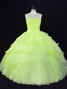 Discount Organza Sweetheart Sleeveless Lace Up Ruffles and Hand Made Flower Sweet 16 Dress in Yellow Green