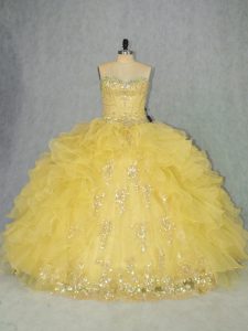 Yellow Sweetheart Neckline Appliques and Ruffles 15th Birthday Dress Sleeveless Lace Up