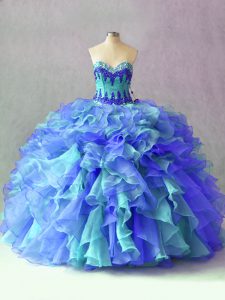 Smart Multi-color Lace Up 15th Birthday Dress Beading and Appliques and Ruffles Sleeveless Floor Length