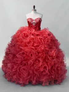 Fine Red Ball Gowns Organza Sweetheart Sleeveless Sequins Floor Length Lace Up Ball Gown Prom Dress