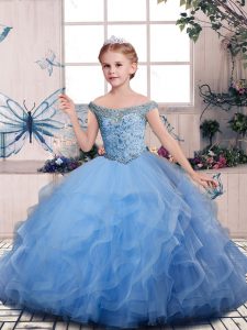 Beading and Ruffles Kids Pageant Dress Blue Lace Up Sleeveless Floor Length