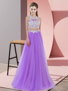 Fantastic Lace Vestidos de Damas Lavender Zipper Sleeveless Floor Length
