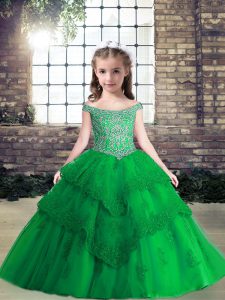Sleeveless Tulle Floor Length Lace Up Pageant Dress for Teens in Green with Beading and Lace and Appliques